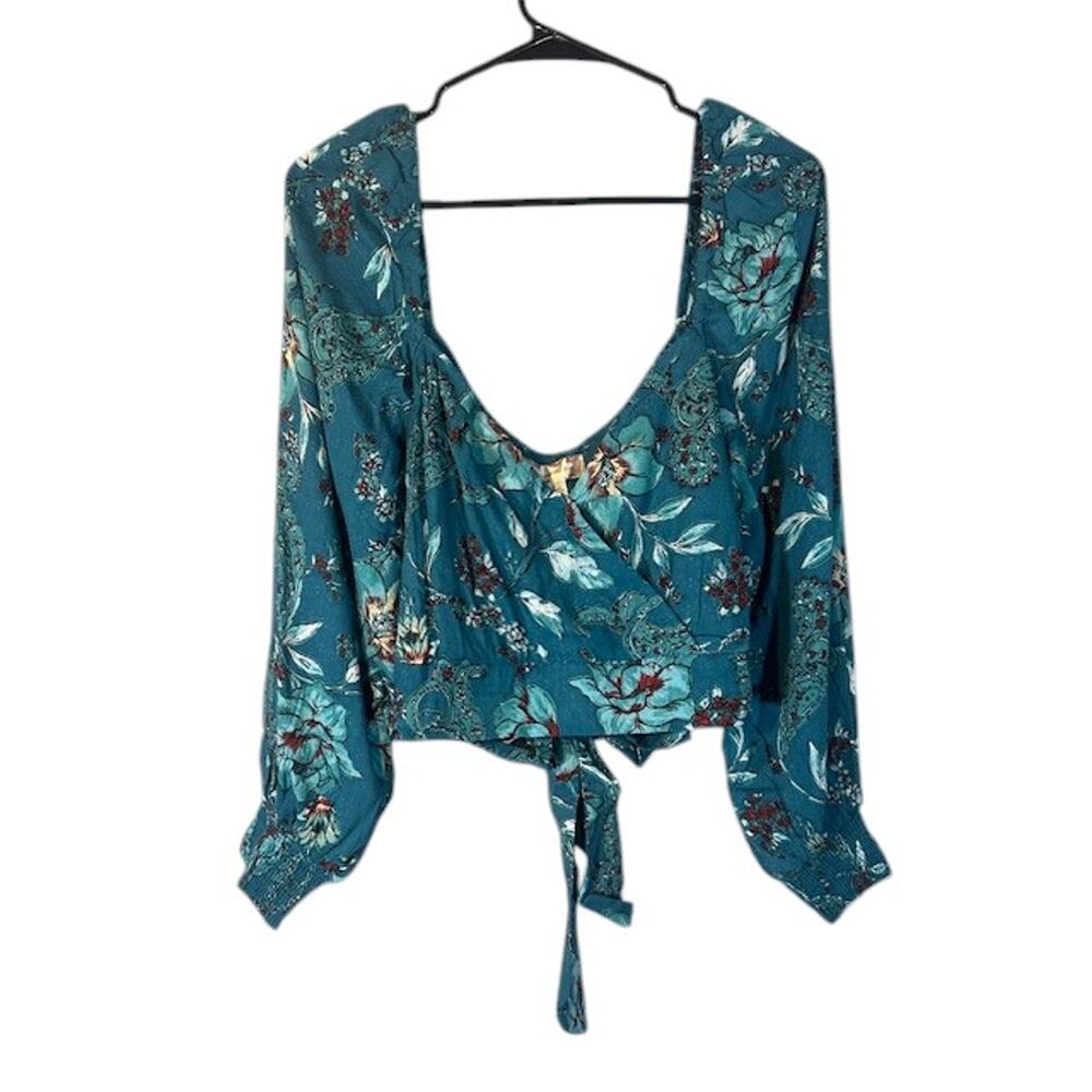 Band of the Free Women’s Teal Blue Floral Tropical Bohemian Blouse Size Medium